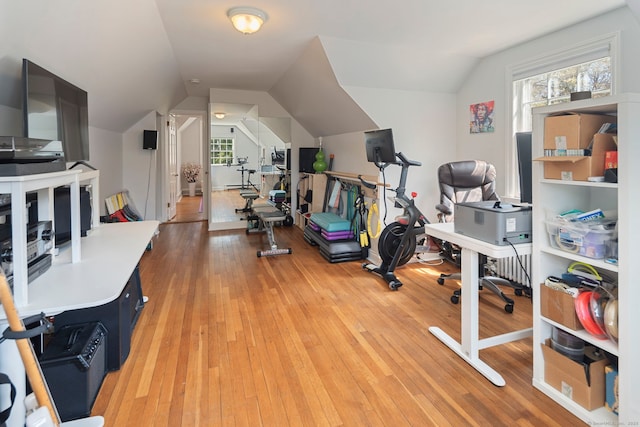 9 High Ridge Rd, Wilton, CT 06897 - exercise room featuring vaulted ceiling and light wood-style flooring