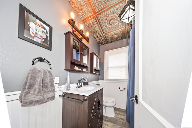 bathroom featuring wood finished floors, toilet, and vanity