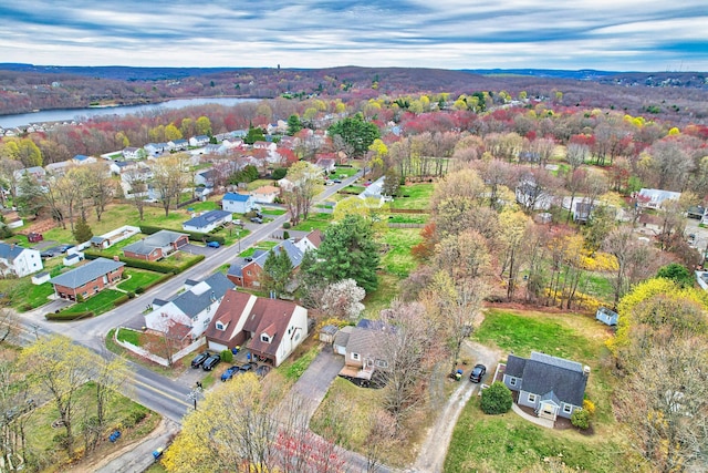 bird's eye view featuring a residential view and a water view