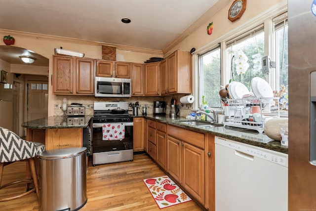 kitchen with tasteful backsplash, crown molding, a sink, light wood finished floors, and appliances with stainless steel finishes