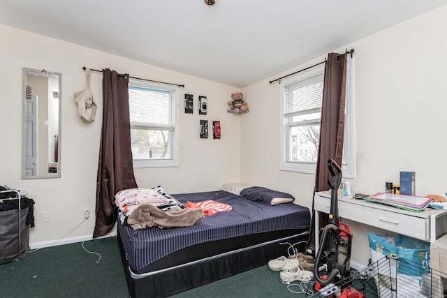 bedroom featuring carpet, baseboards, and multiple windows