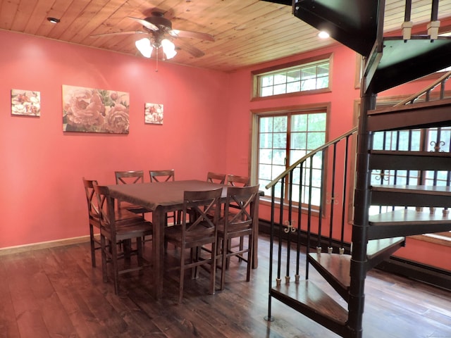 190 Wickham Rd, East Haddam, CT 06423 - dining room with wood ceiling, a ceiling fan, hardwood / wood-style floors, and baseboards