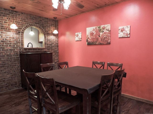 190 Wickham Rd, East Haddam, CT 06423 - dining area with wood finished floors, a ceiling fan, wood ceiling, and baseboards