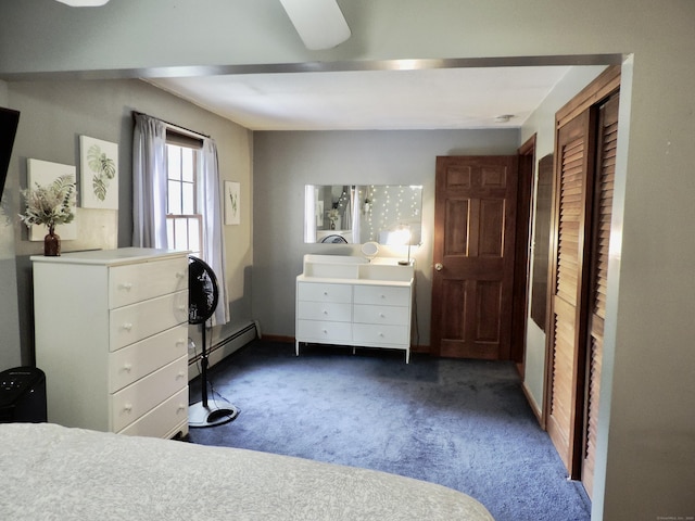 190 Wickham Rd, East Haddam, CT 06423 - bedroom with baseboard heating, dark carpet, a ceiling fan, and baseboards