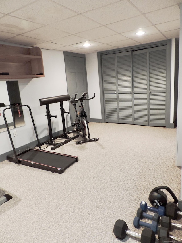 190 Wickham Rd, East Haddam, CT 06423 - exercise area featuring a paneled ceiling, carpet, and baseboards