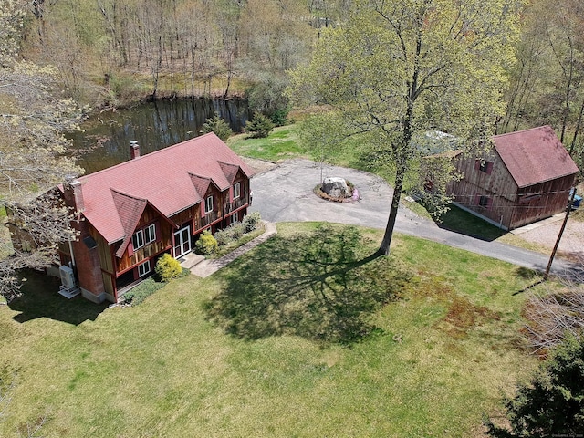 bird's eye view with a view of trees and a water view
