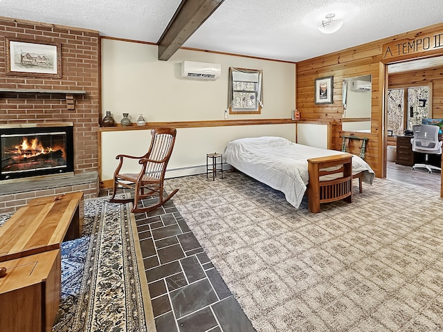 bedroom with wooden walls, a textured ceiling, a wall mounted AC, and multiple windows