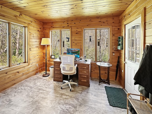 office with wood walls and wood ceiling