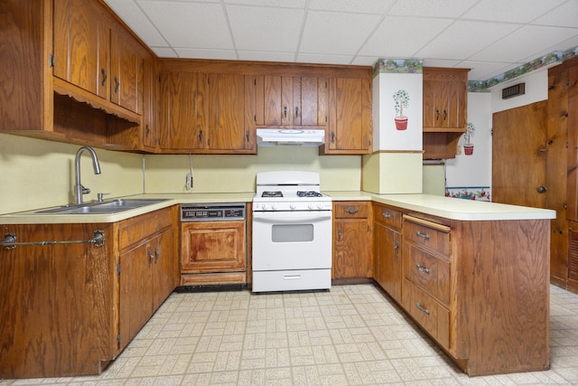 170 Park Rd, Waterbury, CT 06708 - kitchen with a sink, under cabinet range hood, white range with gas cooktop, a peninsula, and paneled dishwasher