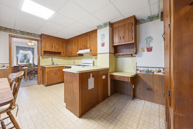 170 Park Rd, Waterbury, CT 06708 - kitchen featuring range with gas stovetop, a drop ceiling, wainscoting, and a peninsula