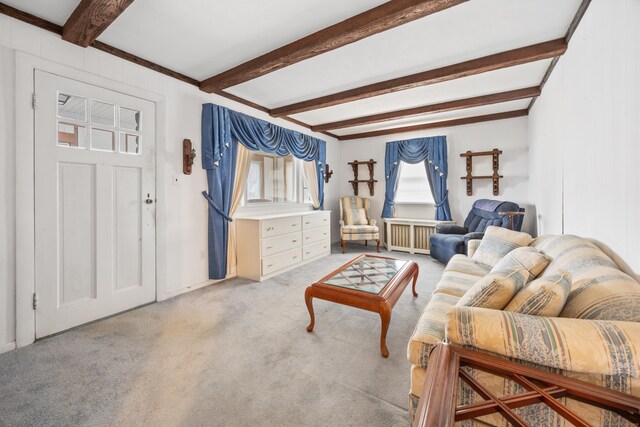170 Park Rd, Waterbury, CT 06708 - living room featuring radiator heating unit, beamed ceiling, and light carpet