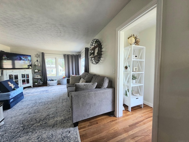 living area featuring a textured ceiling and wood finished floors
