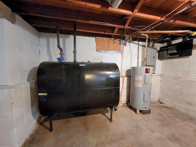 unfinished basement with water heater, electric panel, and heating fuel