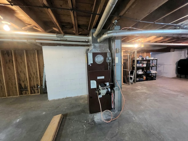 unfinished basement with heating unit and heating fuel