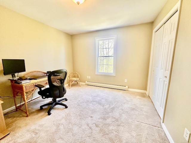 office area featuring baseboards, carpet flooring, and a baseboard heating unit