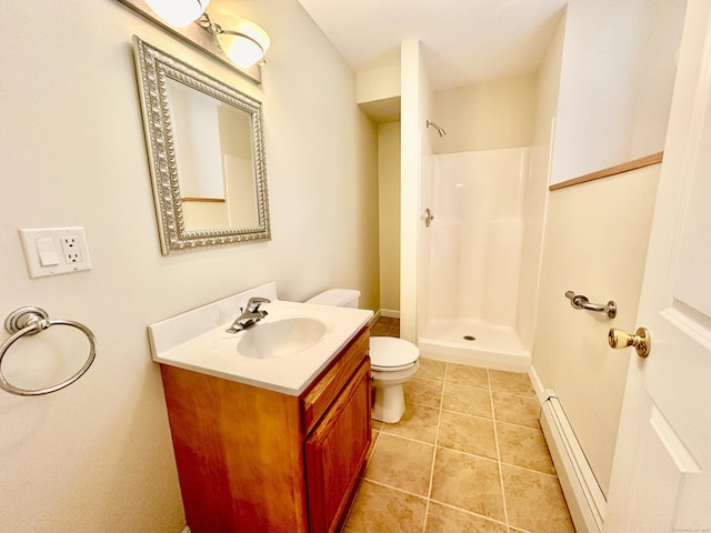 full bath with vanity, a baseboard radiator, toilet, and a shower