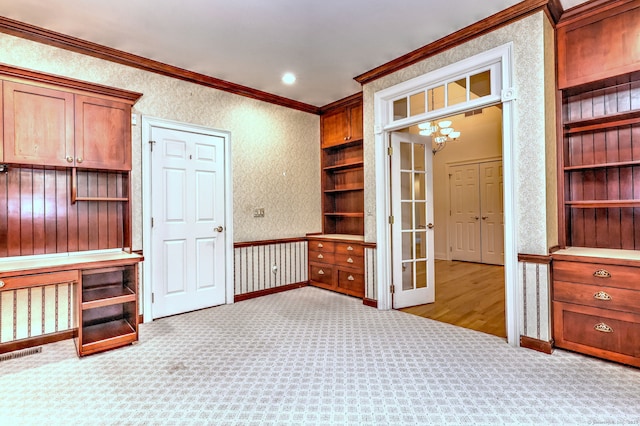 395 Isinglass Rd, Shelton, CT 06484 - unfurnished office with crown molding, carpet, a chandelier, wallpapered walls, and baseboards