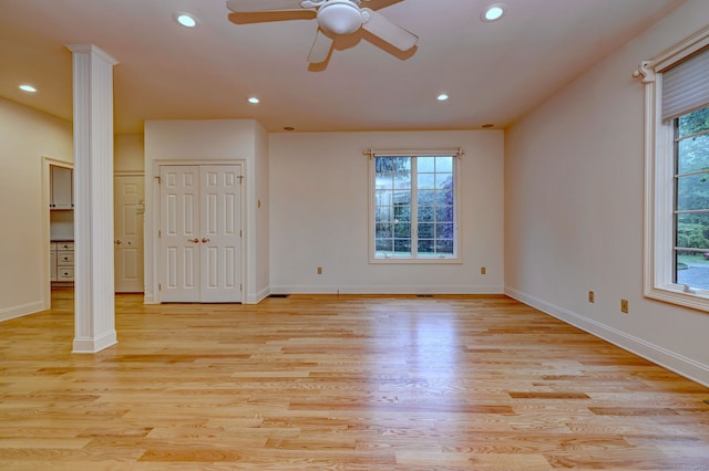 395 Isinglass Rd, Shelton, CT 06484 - spare room featuring a ceiling fan, baseboards, recessed lighting, and light wood-type flooring
