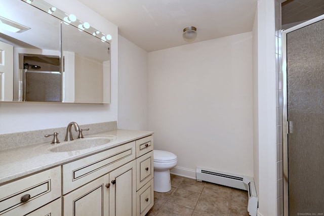 395 Isinglass Rd, Shelton, CT 06484 - full bathroom with vanity, toilet, a baseboard heating unit, tiled shower, and tile patterned flooring