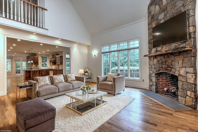 395 Isinglass Rd, Shelton, CT 06484 - living room with crown molding, wood finished floors, a fireplace, high vaulted ceiling, and baseboards