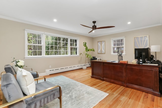 office with a baseboard radiator, ceiling fan, and ornamental molding