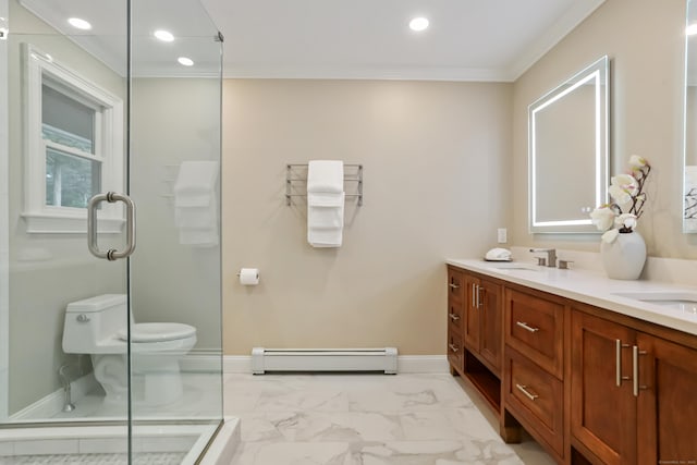 bathroom with a baseboard heating unit, a shower stall, crown molding, marble finish floor, and double vanity