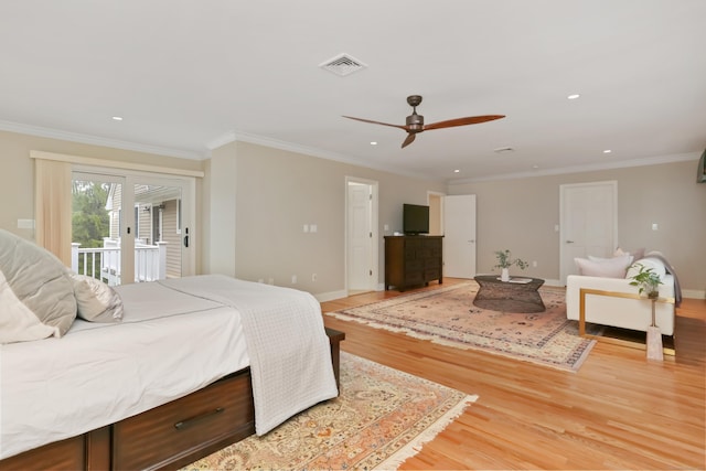 bedroom with recessed lighting, visible vents, access to outside, and light wood-style floors