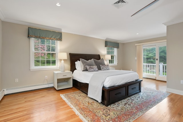 bedroom with crown molding, light wood-style flooring, visible vents, access to exterior, and recessed lighting
