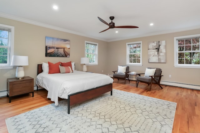 bedroom featuring light wood-style floors, crown molding, and recessed lighting
