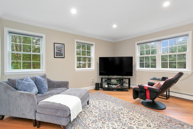 living area with wood finished floors, a wealth of natural light, and crown molding