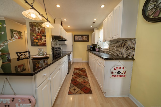 kitchen featuring recessed lighting, stainless steel range with electric stovetop, under cabinet range hood, decorative backsplash, and white cabinetry