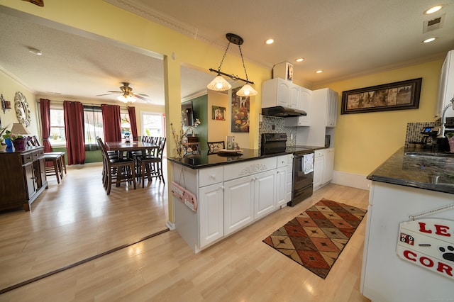 kitchen featuring electric range, light wood-style floors, crown molding, and white cabinetry