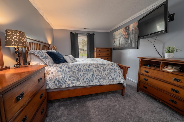 carpeted bedroom with baseboards and crown molding