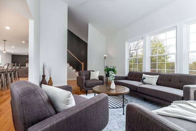 19 Stony Brook Rd, Brookfield, CT 06804 - living room with baseboards, light wood-type flooring, stairway, and recessed lighting