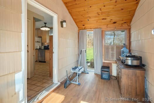 127 Pleasant View Rd, Derby, CT 06418 - exercise area with vaulted ceiling, wooden ceiling, and wood finished floors