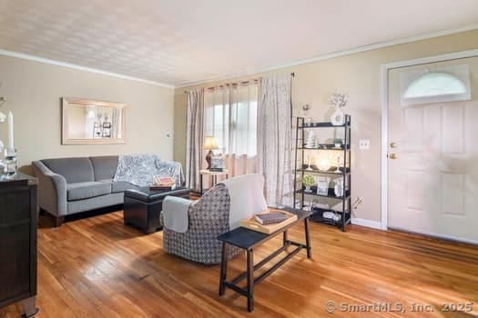 127 Pleasant View Rd, Derby, CT 06418 - living room featuring wood finished floors, crown molding, and baseboards