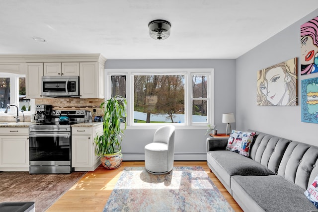 living room featuring wood finished floors and a baseboard radiator