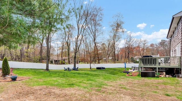 view of yard with a wooden deck and a fenced backyard