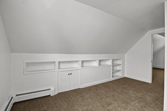 260 Robin St, Bridgeport, CT 06606 - bonus room featuring dark colored carpet, vaulted ceiling, a baseboard heating unit, and built in shelves