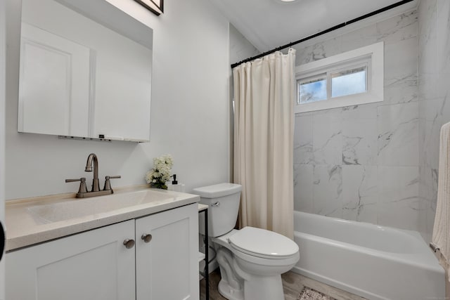 full bath featuring toilet, shower / tub combo with curtain, and vanity