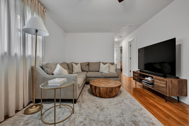 living room featuring attic access and wood finished floors