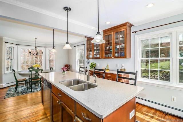 19 Fairchild Rd, Newtown, CT 06470 - kitchen with a baseboard radiator, dishwashing machine, light wood finished floors, and a sink