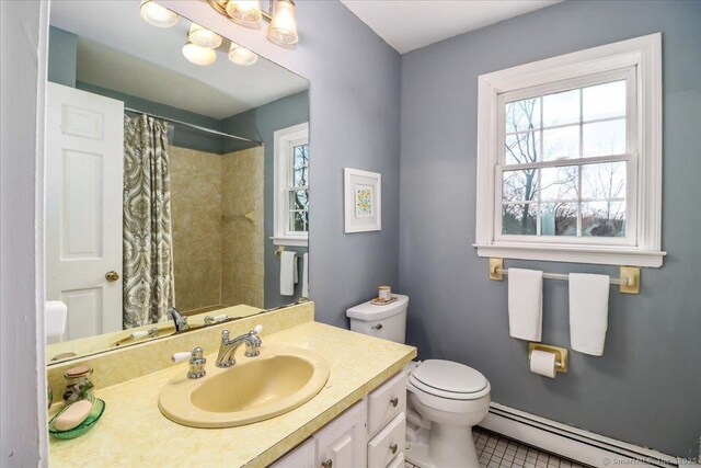 19 Fairchild Rd, Newtown, CT 06470 - bathroom featuring a baseboard heating unit, a shower with curtain, toilet, tile patterned flooring, and vanity