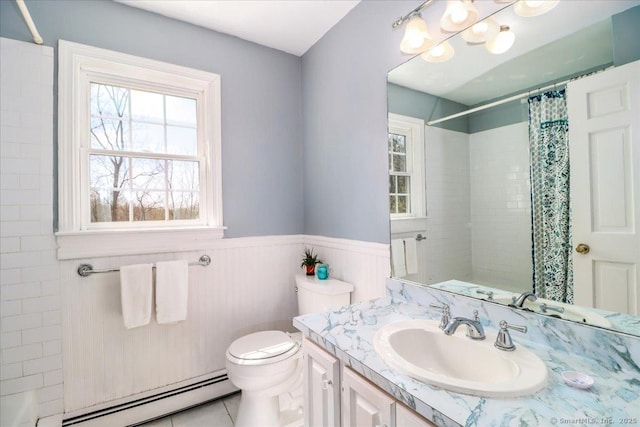 19 Fairchild Rd, Newtown, CT 06470 - bathroom featuring toilet, wainscoting, curtained shower, vanity, and a baseboard radiator