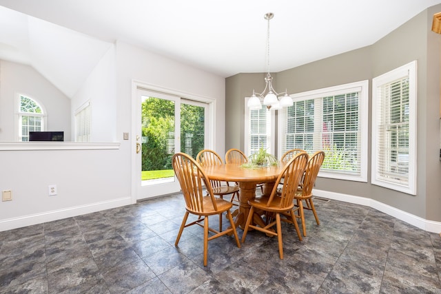 176 Fox Hollow Ln, Bristol, CT 06010 - dining space featuring a chandelier, baseboards, and vaulted ceiling