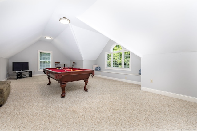 176 Fox Hollow Ln, Bristol, CT 06010 - playroom featuring carpet flooring, billiards, lofted ceiling, and baseboards