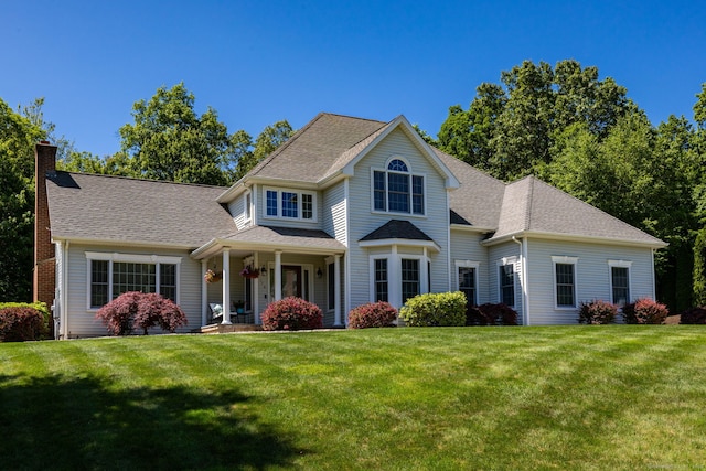 176 Fox Hollow Ln, Bristol, CT 06010 - view of front of house with a chimney, a front lawn, roof with shingles, and a porch