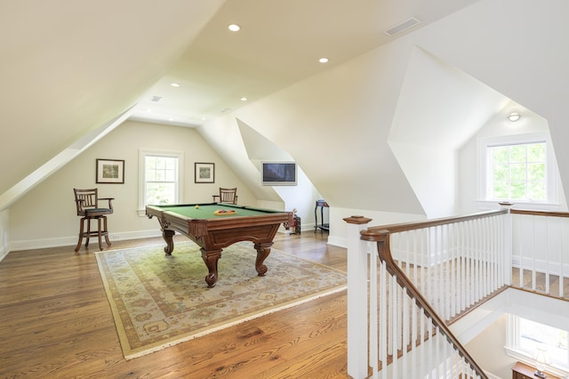 recreation room with lofted ceiling, wood finished floors, billiards, recessed lighting, and baseboards
