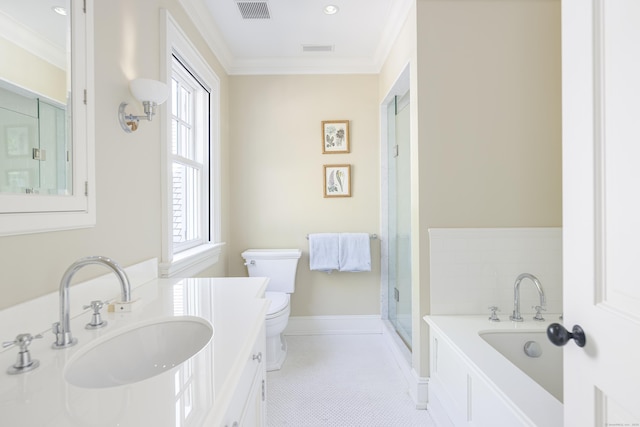 full bath with toilet, vanity, crown molding, a bath, and a shower stall
