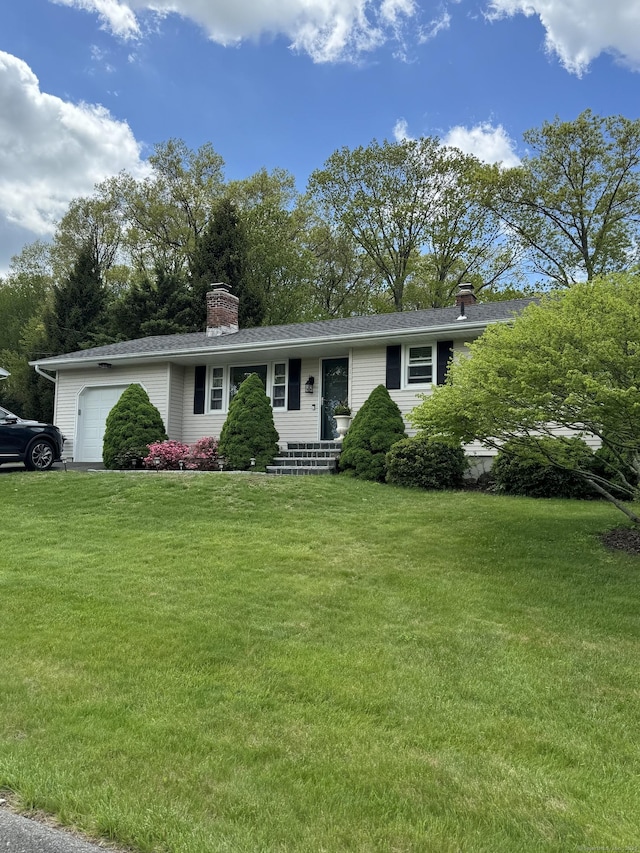 211 Crest St, Waterbury, CT 06708 - ranch-style house featuring a chimney, a garage, and a front yard